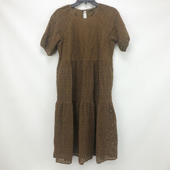 Everlane The Tiered Eyelet Dress XS Midi Cotton Walnut Brown Short Sleeve NWT - Picture 4 of 8